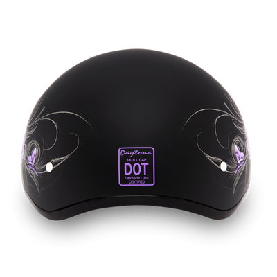 Daytona D.O.T Skull Cap - w/Wild at Heart half shell motorcycle helmet with decorative purple designs on the sides.