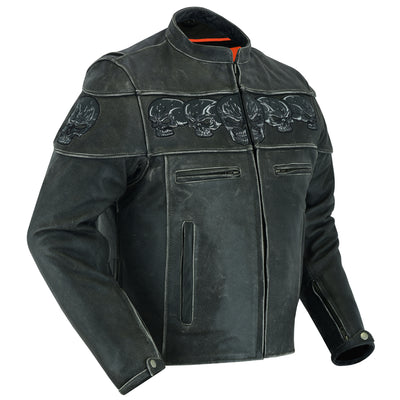 Daniel Smart Men's Motorcycle Leather Jacket - Exposed with skull motifs on the chest, concealed gun pockets, zippered front, and standing collar, displayed on a white background.