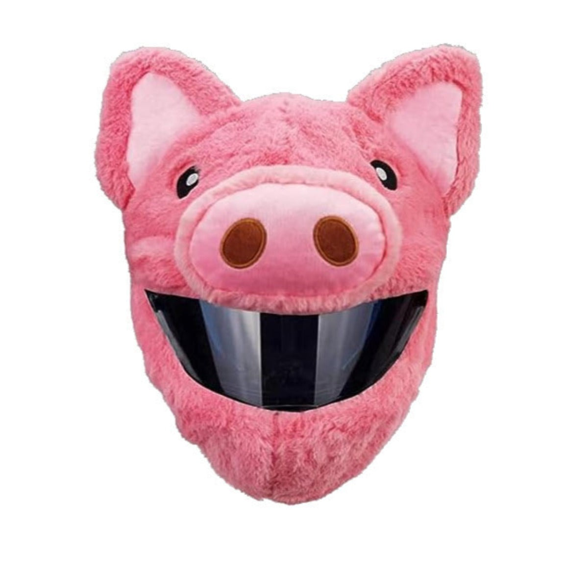 A Cool Motorcycle Helmet Cover - Piggy in pink plush fabric resembling a pig's face, complete with visible ears, eyes, snout, and a black visor for the eyes. This attention-grabbing accessory is both hilarious and functional, making it the perfect riding companion.