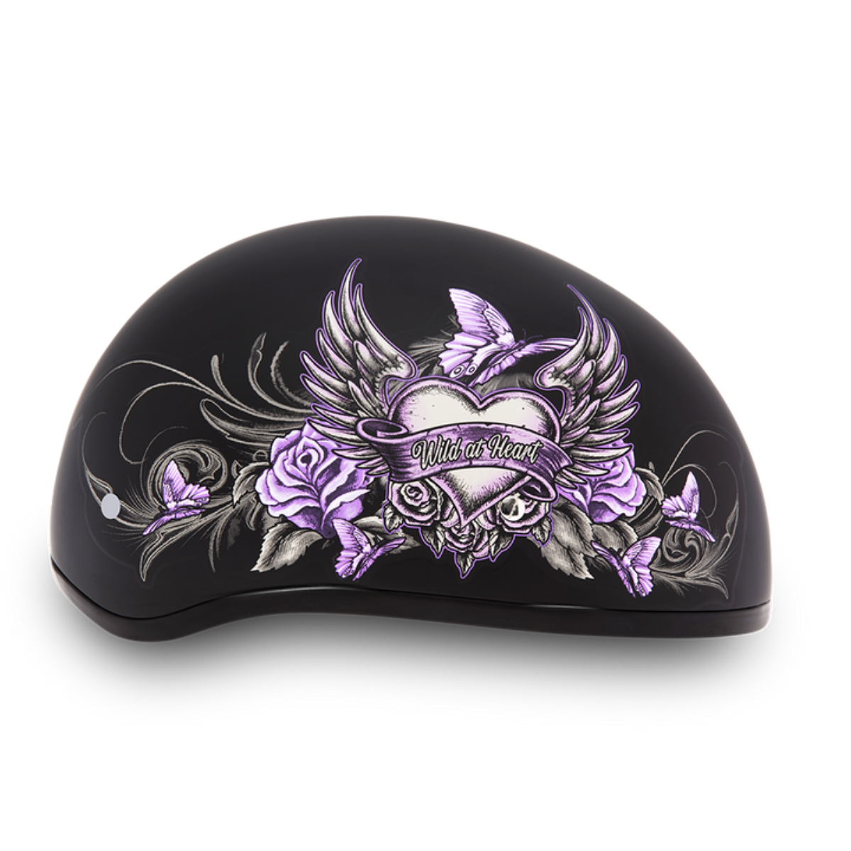 Custom-painted black Daytona D.O.T Skull Cap Helmet with a winged heart and roses design, featuring moisture wicking fabric.