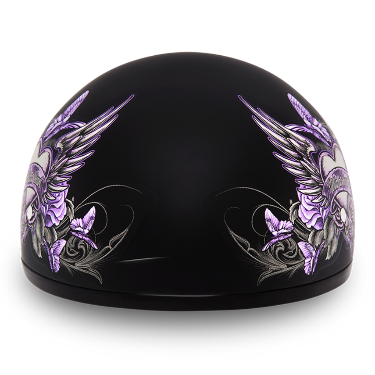 Black Daytona D.O.T Skull Cap Half Shell Helmet with purple wing graphics.