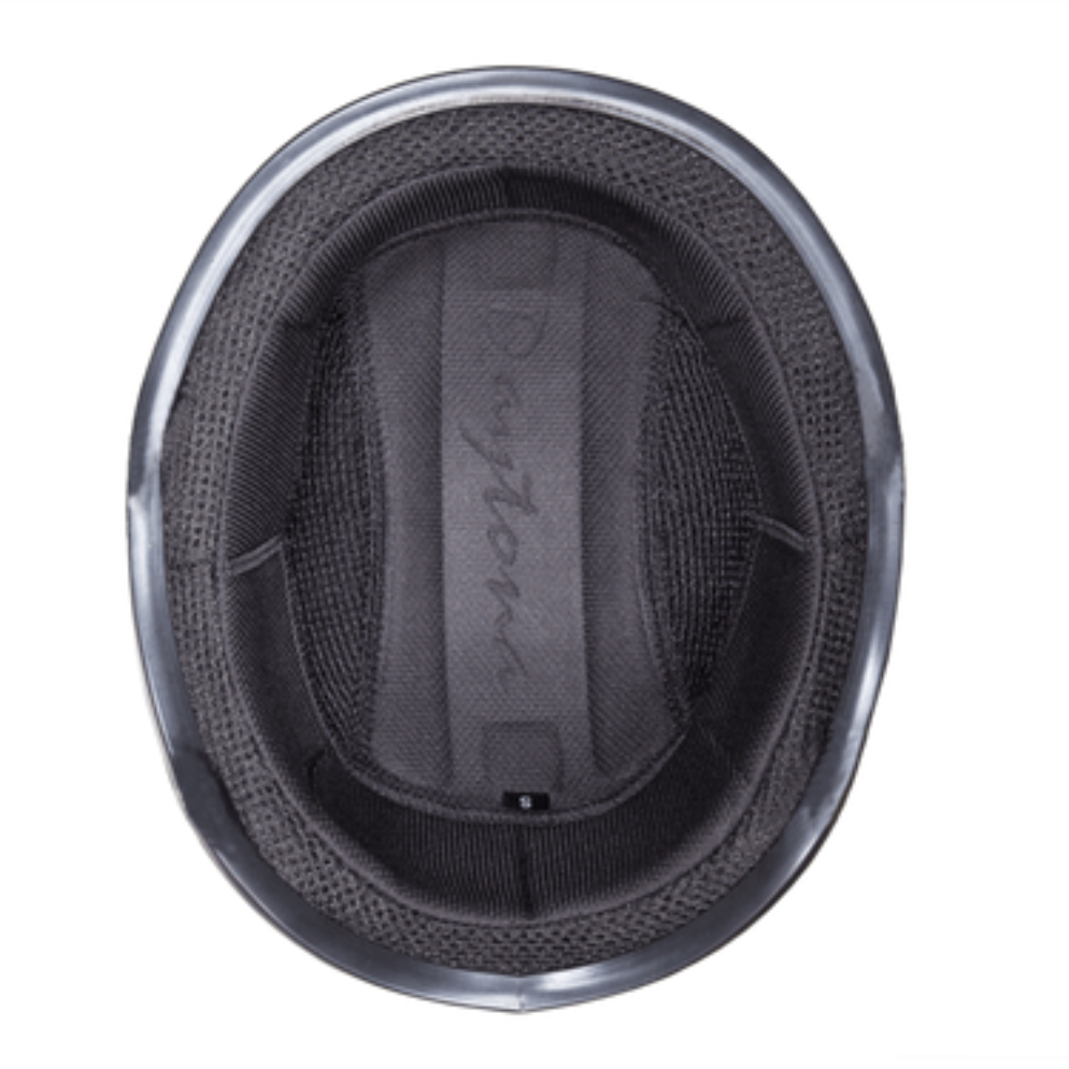 Top view of the interior of a grey Daytona D.O.T Skull Cap - w/Lovesee Helmet showing cushioning and lining materials made from moisture-wicking fabric, with the brand name "Daytona" visible on the central padding.