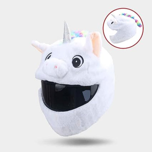 A white unicorn-themed motorcycle helmet with a rainbow mane and a black visor, perfect as an attention-grabbing accessory. Inset image shows a side view of the Cool Motorcycle Helmet Cover - Unicorn.