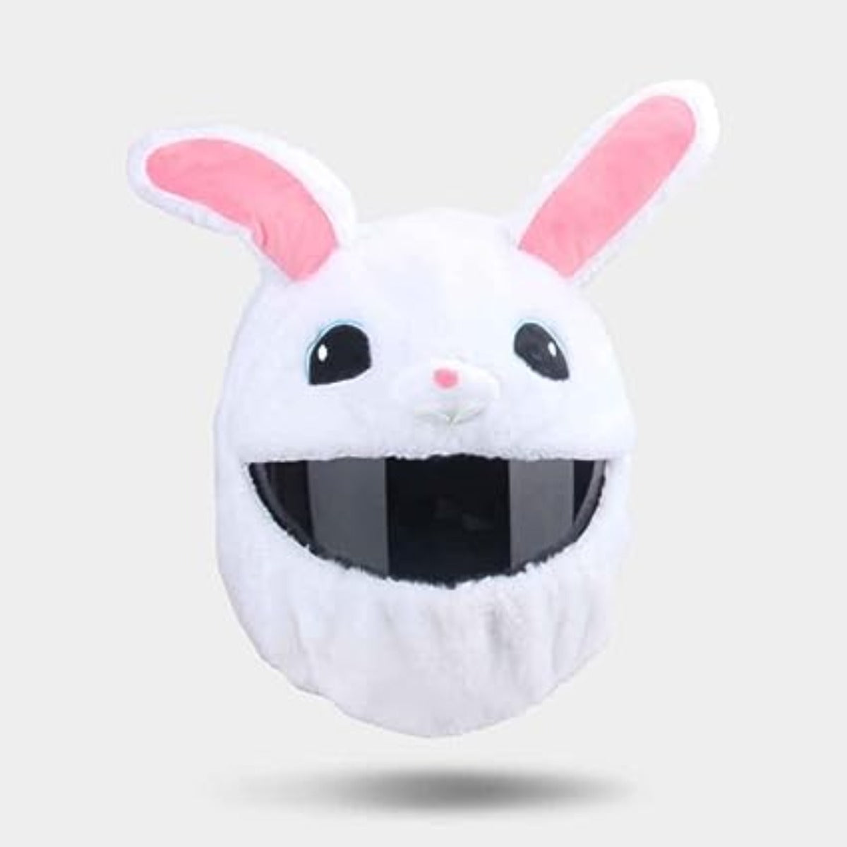 The Cool Motorcycle Helmet Cover - White Bunny is the perfect humorous riding accessory. Featuring a fluffy white exterior resembling a rabbit, pink ears, black eyes, and a wide black visor, this attention-grabbing helmet cover ensures you'll turn heads on every ride.