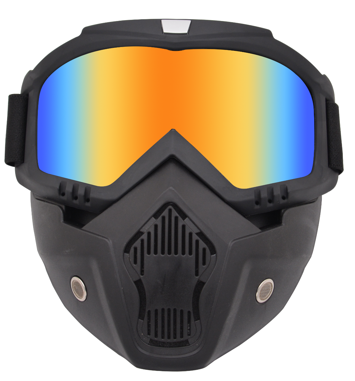 The Motorcycle Goggles Mask, featuring a black frame made from TPEE/Polycarbonate, includes mirrored orange and blue lenses with an angular, vented design. These goggles are enhanced with UV protection and antifog technology to ensure clear vision and safety on the road or track.