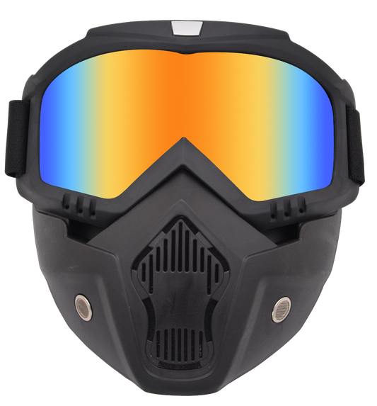 The Motorcycle Goggles Mask, featuring a black frame made from TPEE/Polycarbonate, includes mirrored orange and blue lenses with an angular, vented design. These goggles are enhanced with UV protection and antifog technology to ensure clear vision and safety on the road or track.