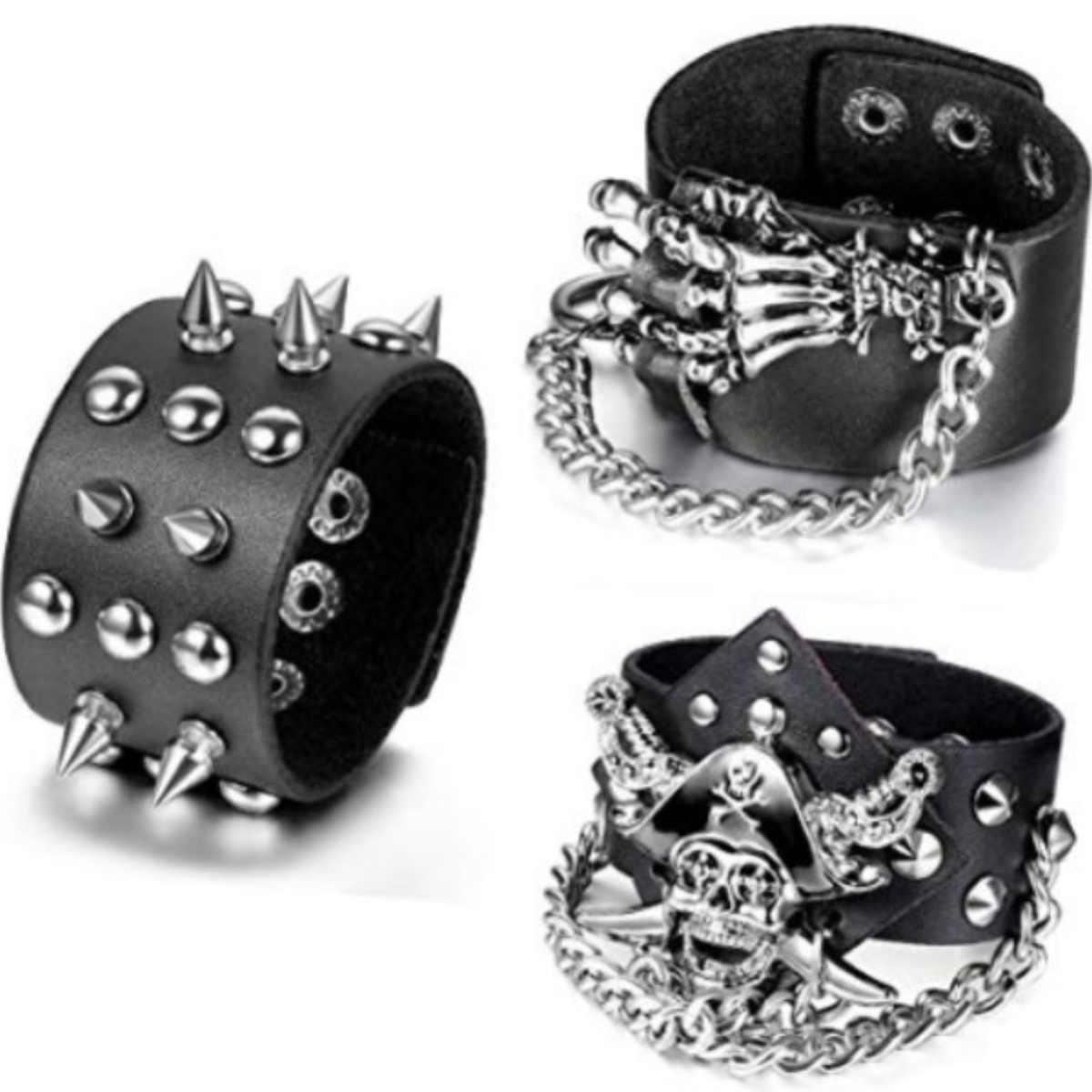 Badass Rockstar Bracelets w/ Metal Spikes 3 Pcs, 8.6 x 1.6 in, Black/Silver - American Legend Rider