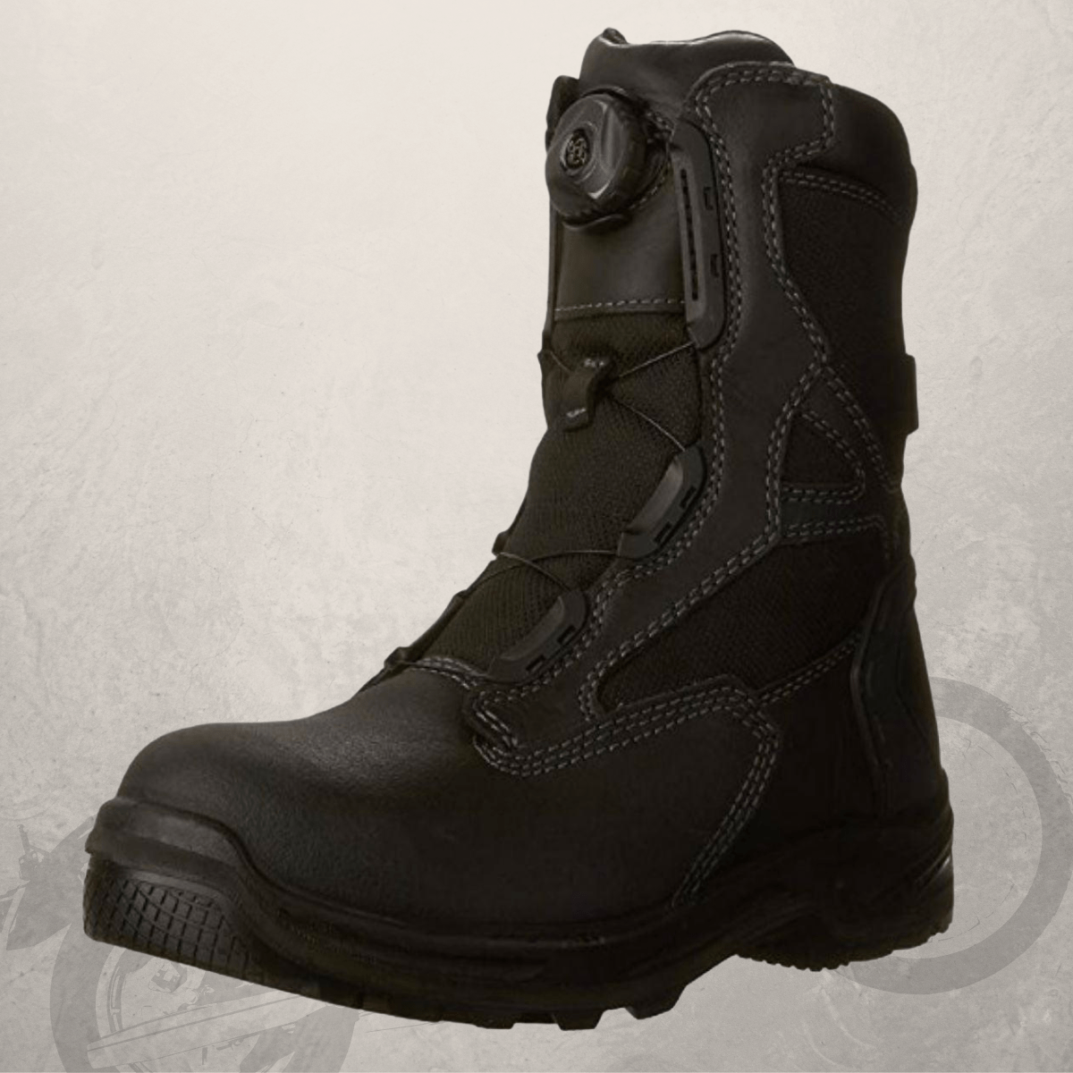 A pair of Boa Work Boots Terra Rexton BOA® Best for Motorcycle & Work work boots, featuring safety features, on a grey background.