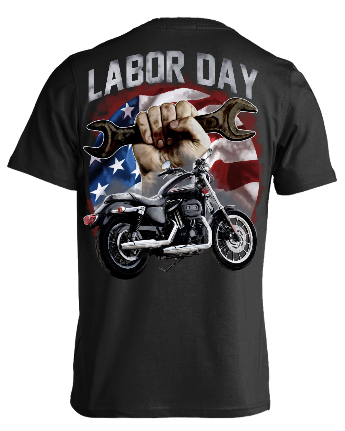 The Labor Day T-Shirt is a black heavyweight classic unisex tee, showcasing a digital print of a hand holding a wrench above a motorcycle set against an American flag backdrop. The design is topped with the text "LABOR DAY." Made from a comfortable cotton/poly blend, this shirt is ideal for celebrating hard work in style.