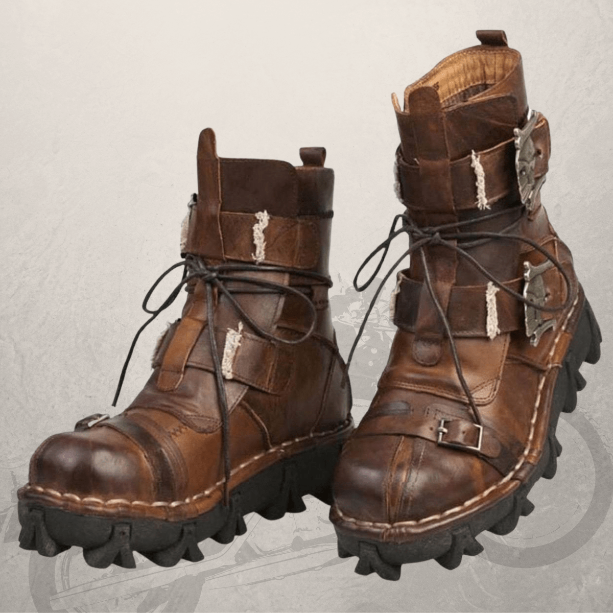 Description: Handmade brown leather biker boots with buckles and straps.
Product Name: Handmade Skull Leather Boots + Free Leg Bag Bundle