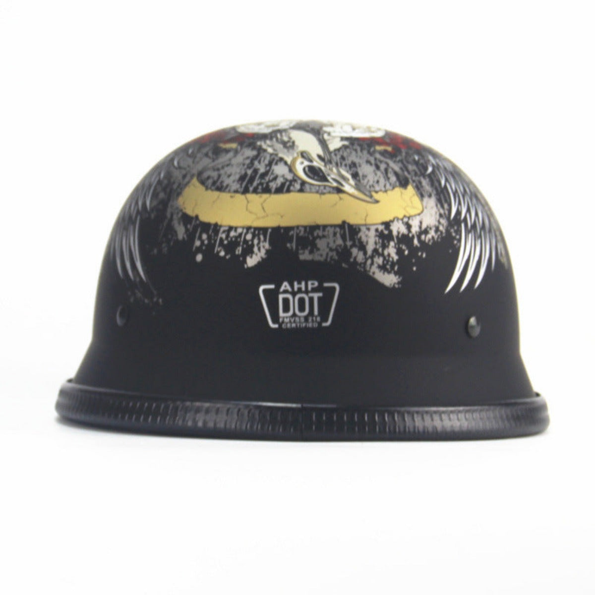 The Skull Cap Motorcycle Helmet in Matte Black showcases an illustrated design of wings, a skull, and an eagle. It also features the "AHP DOT" certification marking on the front. Combining style with safety, this helmet is both eye-catching and DOT approved.