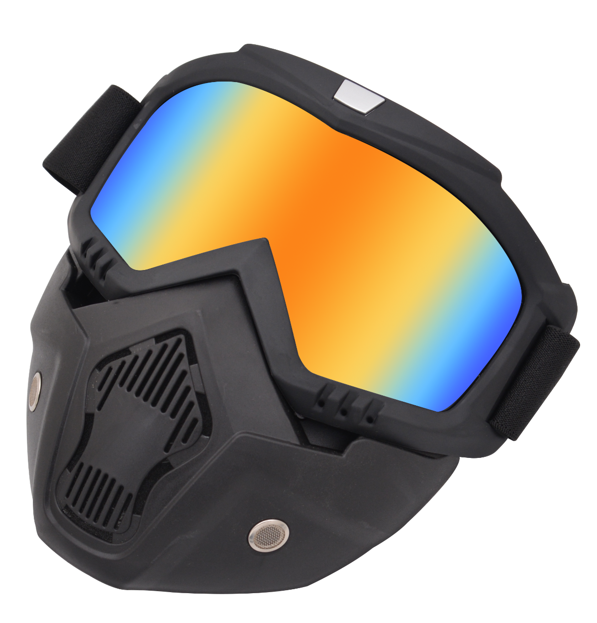 Introducing the Motorcycle Goggles Mask, designed with a black TPEE/Polycarbonate frame and gradient orange and blue lenses. These goggles feature antifog technology and UV protection, making them ideal for motorcycle enthusiasts.