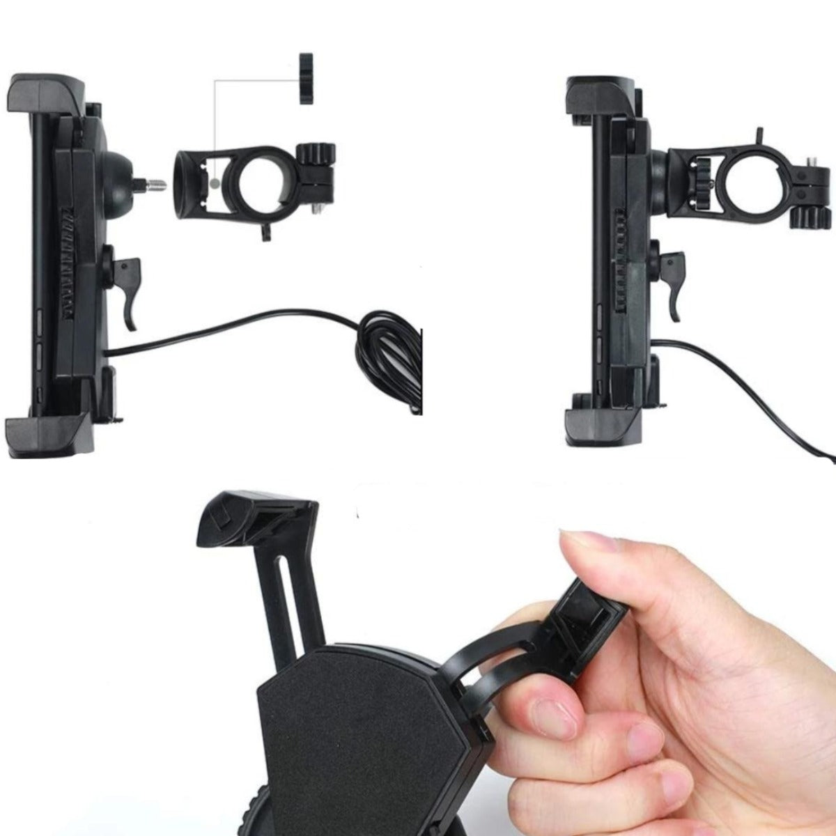 A hand holding a Motorcycle Phone Mount with USB Charger Port attached to it.