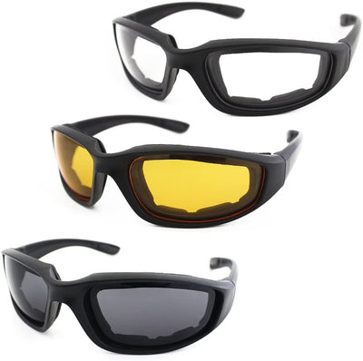 Three pairs of Polarized Riding Sunglasses designed for bug and wind protection.
