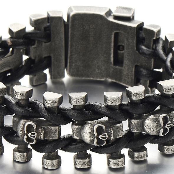 A Skeleton Chain Buckle Bracelet named "Skeleton Chain Buckle Bracelet" with black leather and skulls, perfect for biker styling or as a freedom rider accessory.