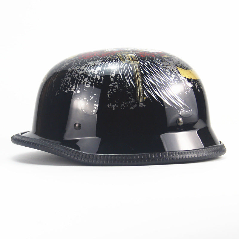 A Skull Cap Motorcycle Helmet, Gloss Black with a biker style design.