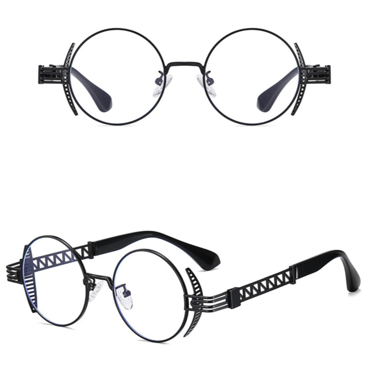 A pair of Rebellion Road sunglasses with a black frame and clear lenses, featuring a vintage retro design.