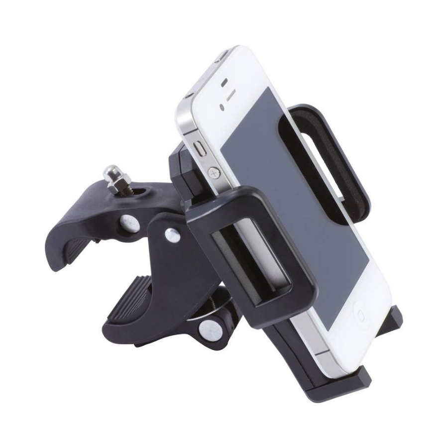 A Motorcycle Handlebar Clock with Motorcycle Phone Mount Bundle mounted on a black clamp-style phone holder crafted from premium-quality aluminum alloy. The holder features adjustable grips to secure the phone.