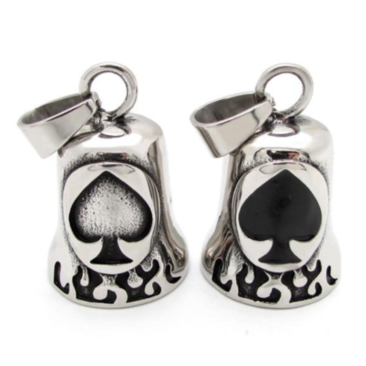 Stainless Steel Biker Spade Gremlin Bells with a biker spade design and stainless steel construction.