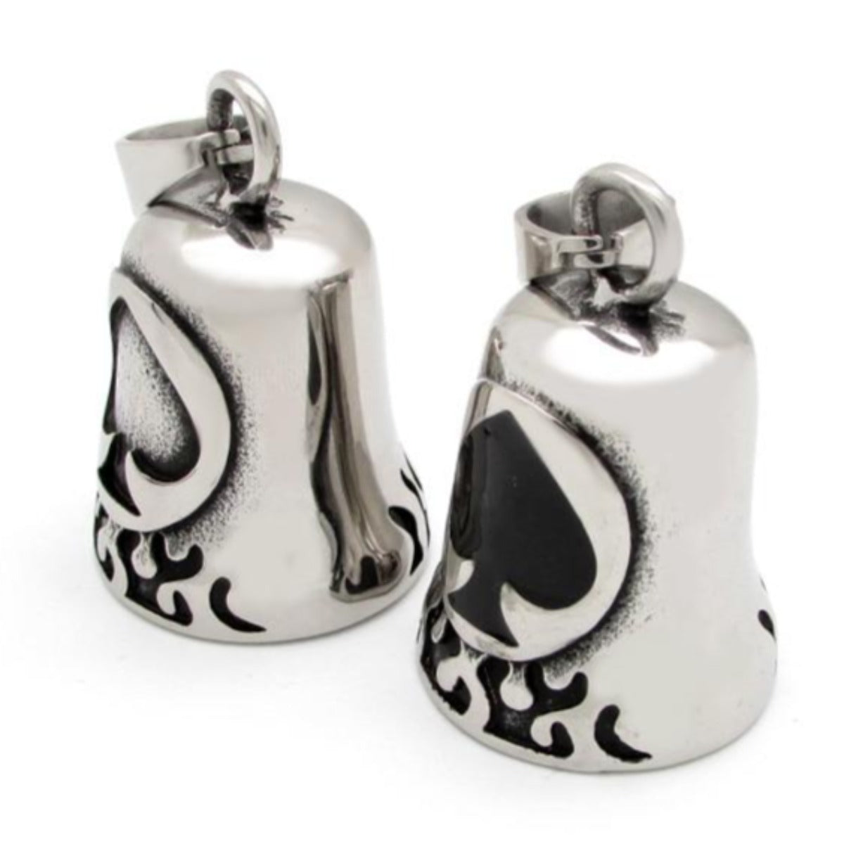 Stainless Steel Biker Spade Gremlin Bell with playing cards on two silver bells.