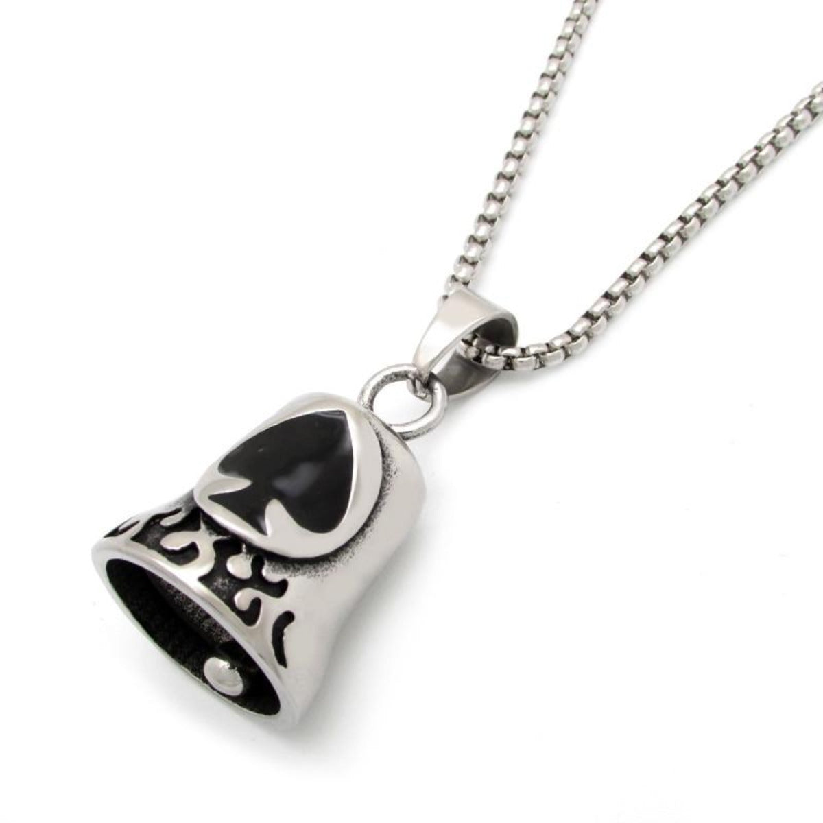 A Stainless Steel Biker Spade Gremlin Bell with a black stone and a silver chain designed for a motorcyclist.