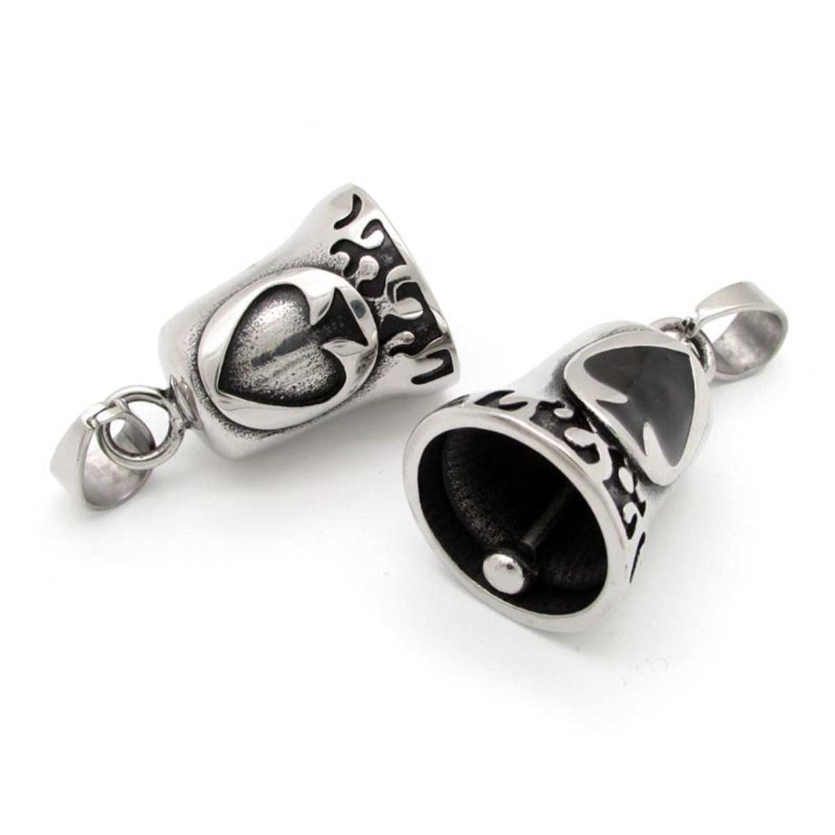 Two Stainless Steel Biker Spade Gremlin Bell-shaped charms on a white background.