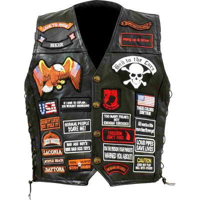 Diamond Plate™ Buffalo Leather Biker Vest with 42 Patches - American Legend Rider