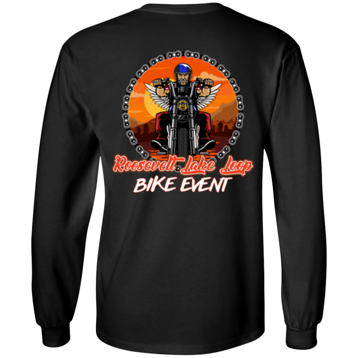 The Roosevelt Lake Loop Long Sleeves is a black long-sleeve shirt featuring a digital print of a biker on a motorcycle surrounded by a chain, with the text "Roosevelt Lake Loop Bike Event" below. Made from 100% cotton, it offers unisex sizing for comfort and style.