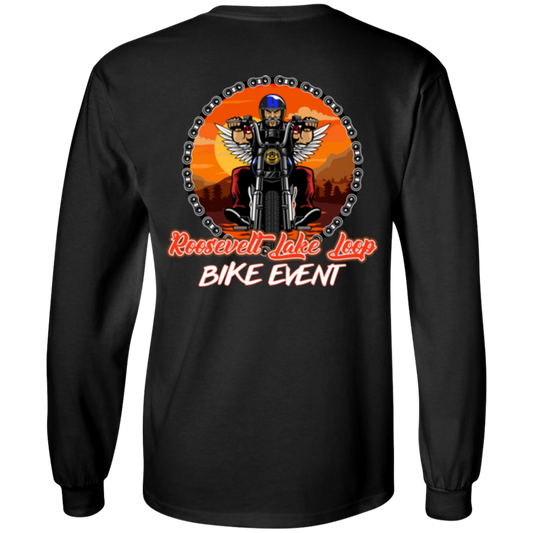 The Roosevelt Lake Loop Long Sleeves is a black long-sleeve shirt featuring a digital print of a biker on a motorcycle surrounded by a chain, with the text "Roosevelt Lake Loop Bike Event" below. Made from 100% cotton, it offers unisex sizing for comfort and style.