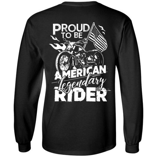 Introducing the "Proud to be American Legendary Rider Long Sleeves" – a black, 100% cotton long-sleeve shirt adorned with a digital print of a motorcycle paired with an American flag and the empowering text, "Proud to be an American Legendary Rider." Designed for unisex sizing, it's the perfect addition to any wardrobe.