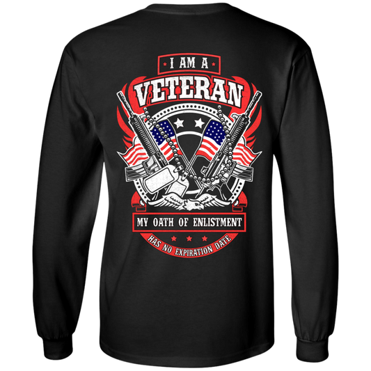 The "I am A Veteran Long Sleeves" is a black shirt made from 100% cotton, available in unisex sizing for a comfortable fit. It features a digital print design with guns, American flags, and the text: "I am a veteran. My oath of enlistment has no expiration date.