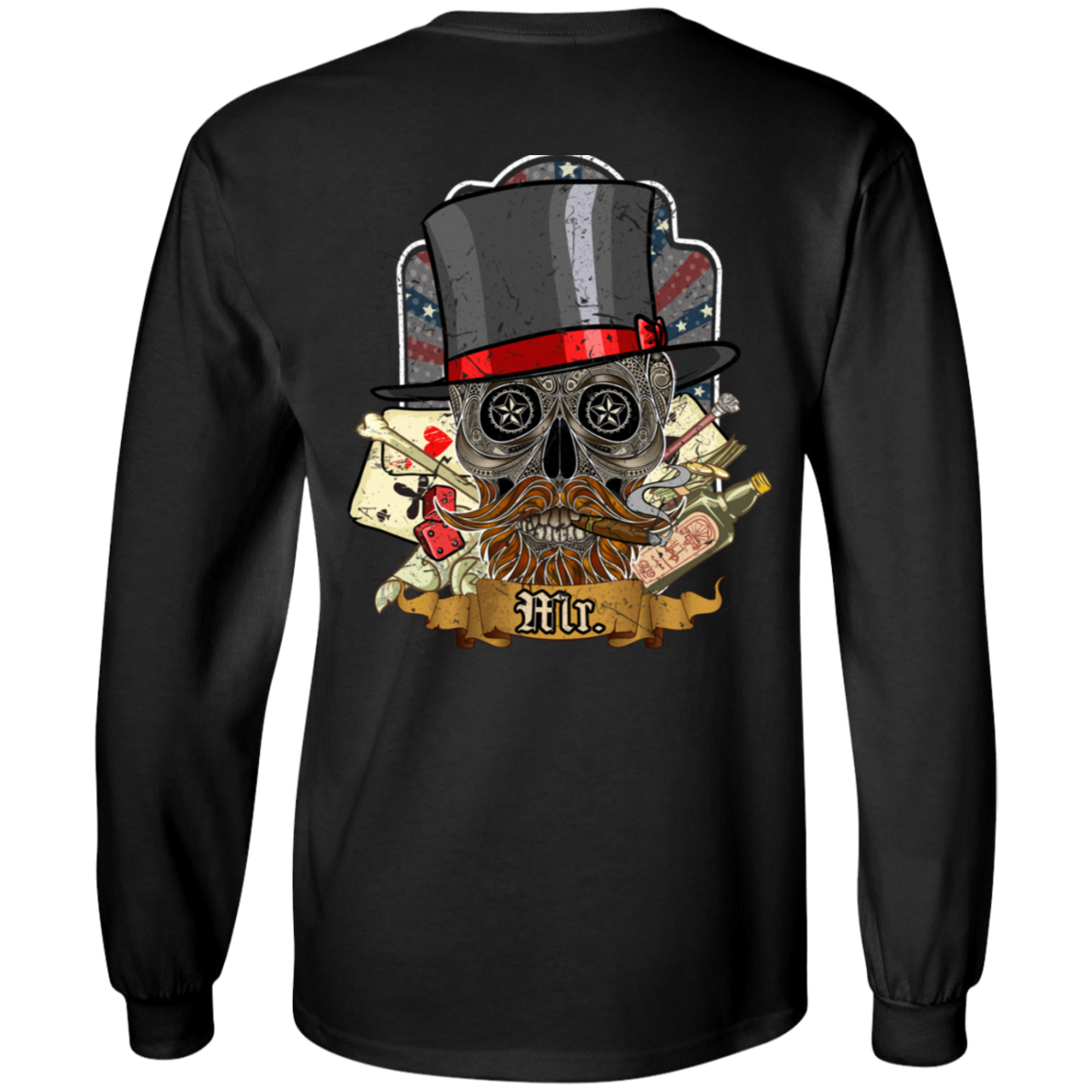 The Poker Skull in a Hat Long Sleeve T-Shirt features a graphic of a top hat-wearing skull with a mustache, surrounded by playing cards, dice, and roses. The text "Mr." is displayed at the bottom. Made from 100% cotton with unisex sizing, this black shirt boasts a vibrant digital print.