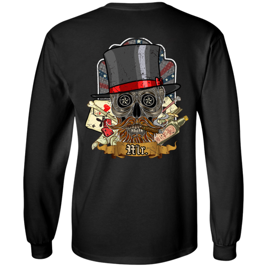 The Poker Skull in a Hat Long Sleeve T-Shirt features a graphic of a top hat-wearing skull with a mustache, surrounded by playing cards, dice, and roses. The text "Mr." is displayed at the bottom. Made from 100% cotton with unisex sizing, this black shirt boasts a vibrant digital print.