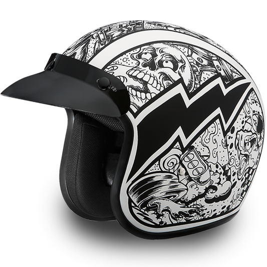 Daytona D.O.T. Cruiser w/Graffiti Motorcycle Open Face Helmet, Unisex, XS-2XL, Black/White - American Legend Rider