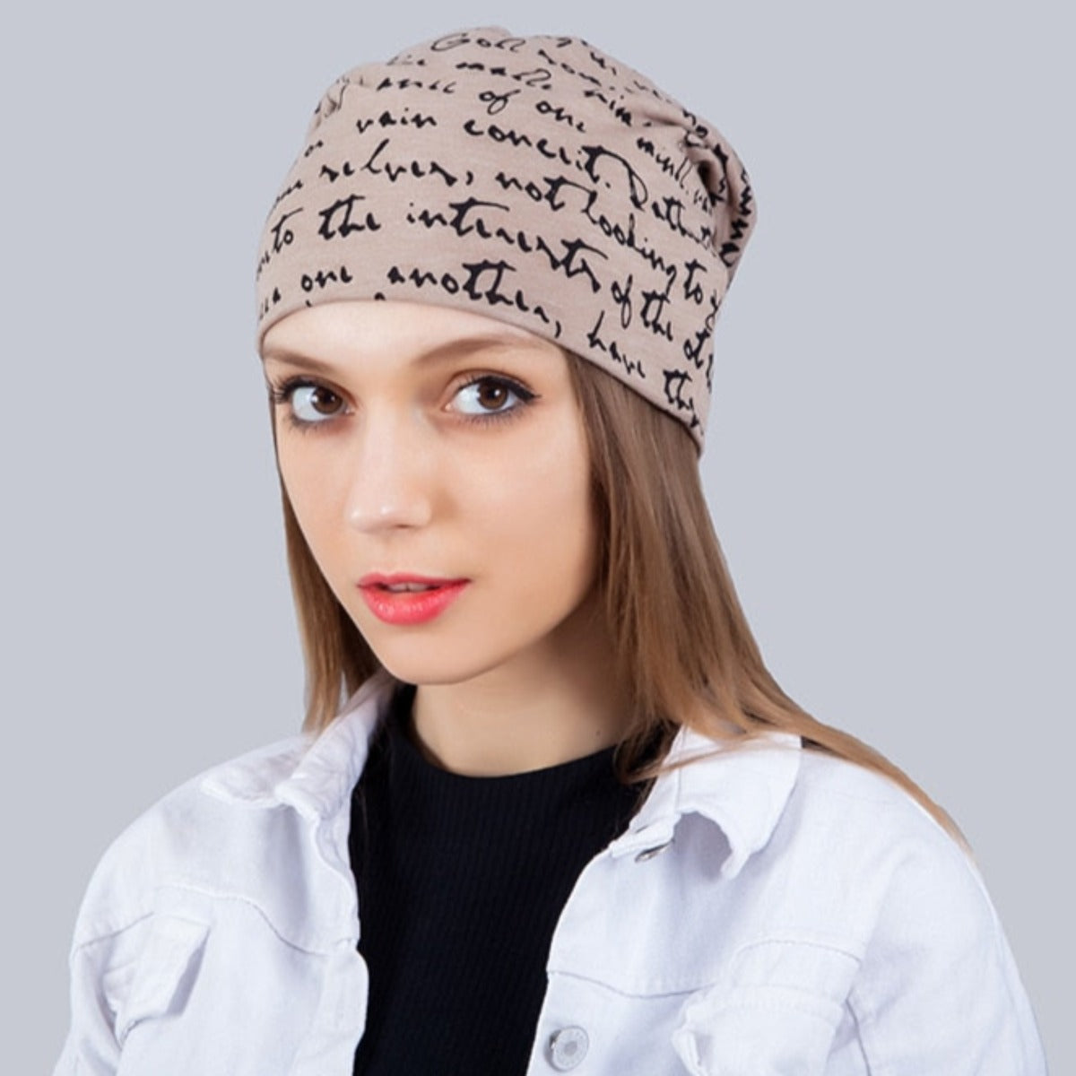 A woman wearing the Fashionable Printed Beanie Hat.