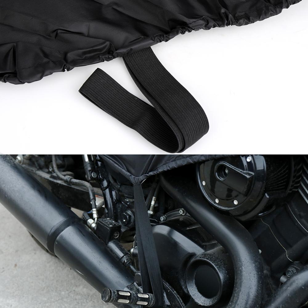 A detailed view of the Waterproof Motorcycle Half Cover in black, made from 210T polyester fabric and featuring elastic straps. Displayed on a flat surface, it securely shields the exhaust area, providing superior protection against the elements.
