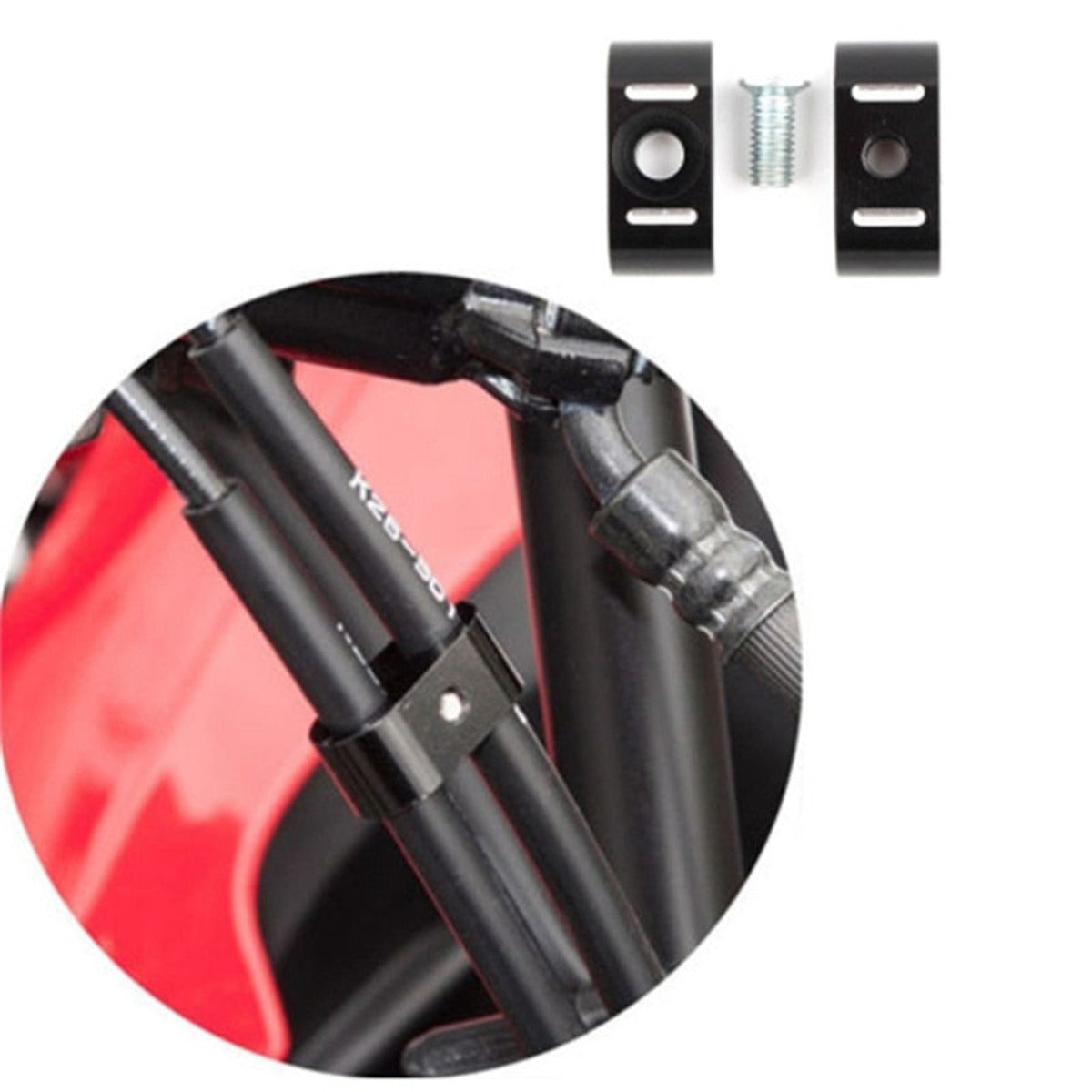 Close-up of a Universal Motorcycle Brake Throttle Cable Clip Clamp Holder securing two black rods, with additional hardware (screw and two rectangular pieces) shown above for assembly. A red background is partially visible.