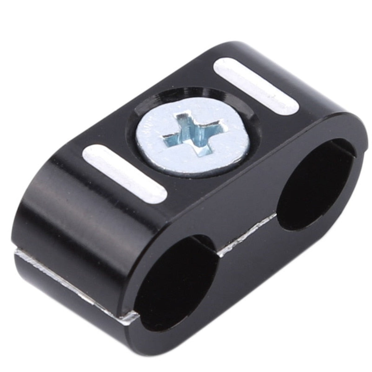 A black metal motorcycle accessory, the Universal Motorcycle Brake Throttle Cable Clip Clamp Holder features two ports and a silver screw fastener in the center. Ideal as a motorcycle brake throttle cable clip, it ensures secure and organized routing of your cables.