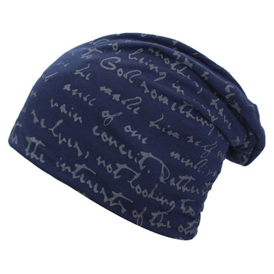 A Fashionable Printed Beanie Hat with writing on it.
