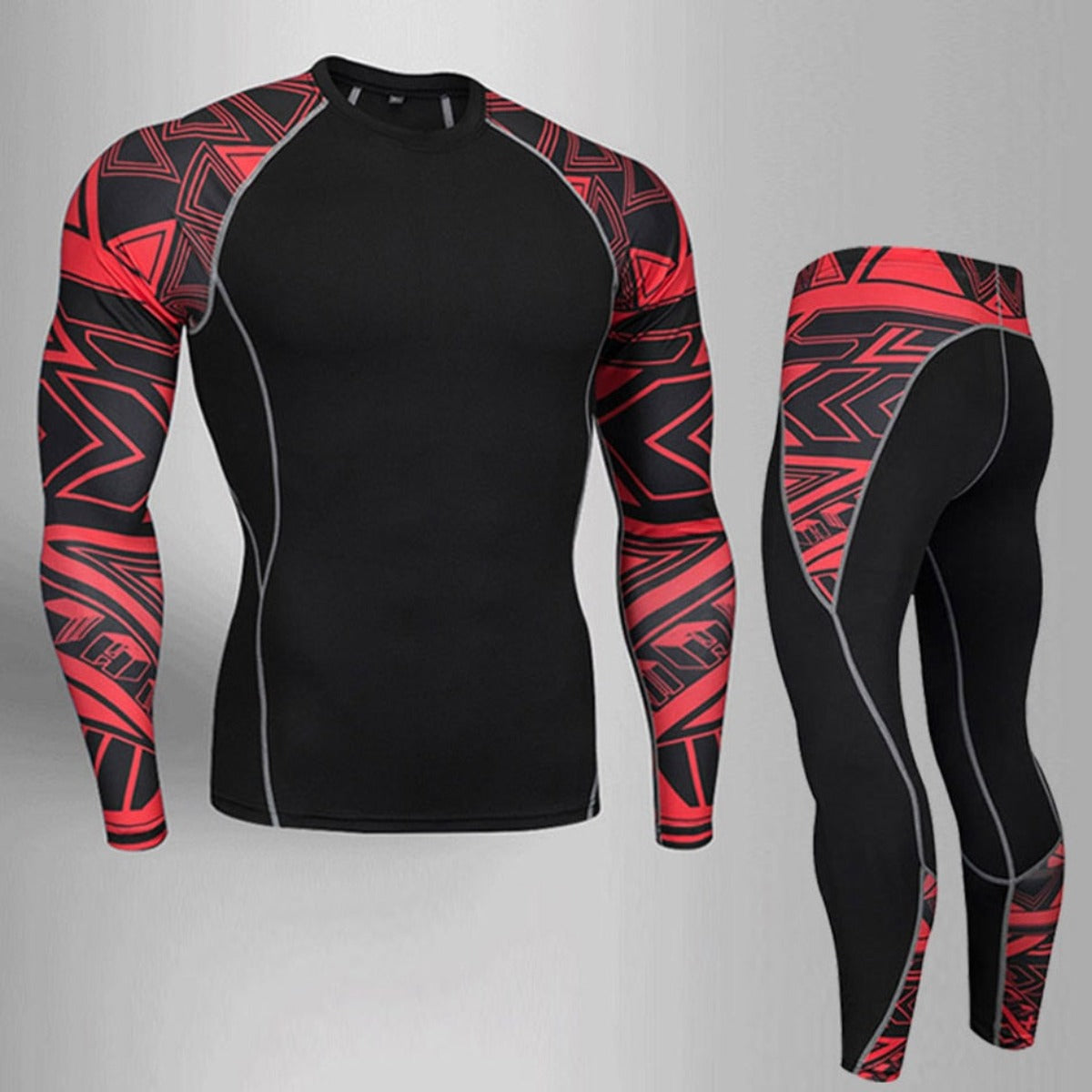 Men's Compression Thermal Underwear - Black/Red, featuring a long-sleeve top with geometric patterns on the shoulders and arms, and matching leggings with similar patterns on the waist and lower legs. Made from breathable sports fabric for premium comfort during workouts.