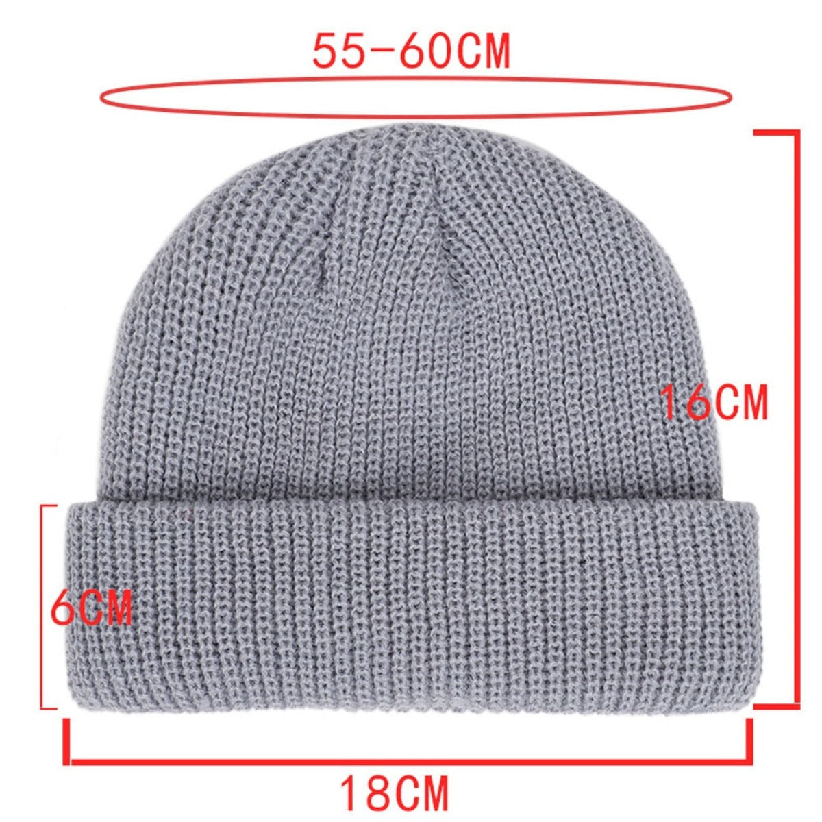The measurements of a Wool Knitted Skull Cap Beanie made from knit fabric.