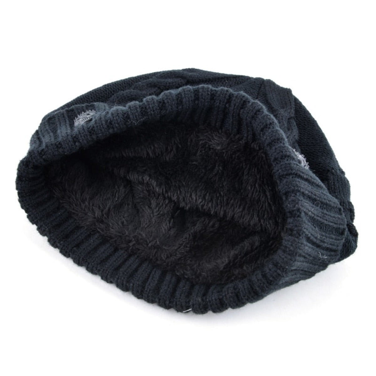 A black Knitted Skull Pattern Beanie Hat on a white background, providing comfort with its knitted skull pattern.