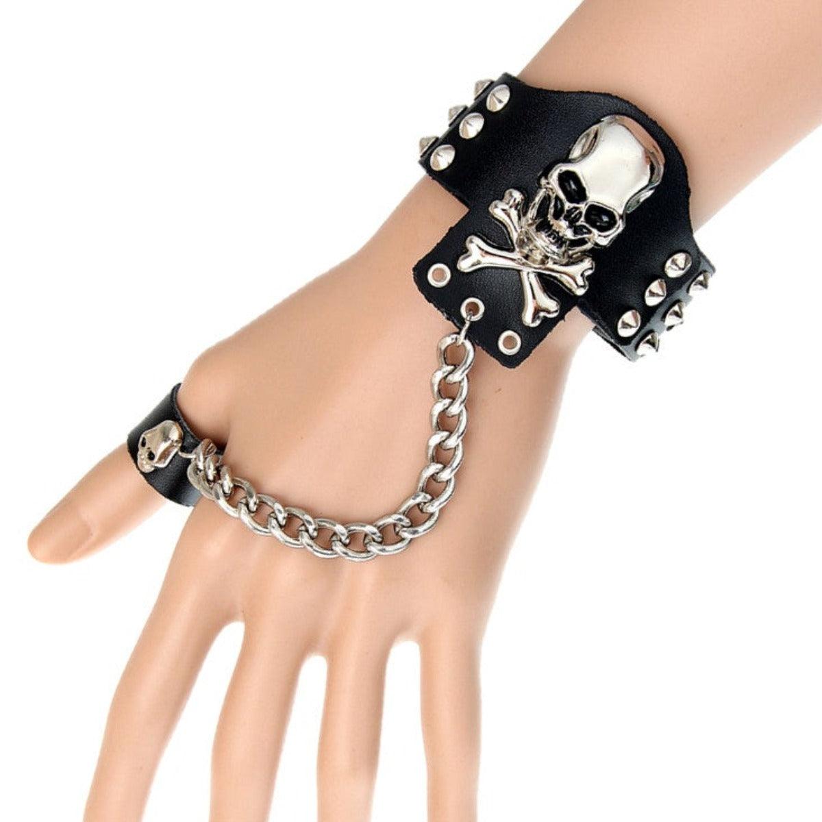 Handmade Leather Skull Bracelet with Ring - American Legend Rider