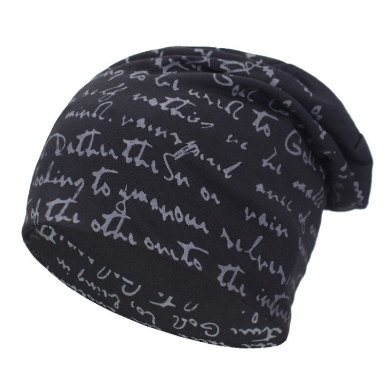 A casual black fashionable printed beanie hat.