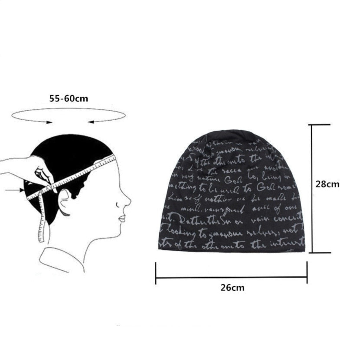 A Fashionable Printed Beanie Hat made of cotton with writing on it.