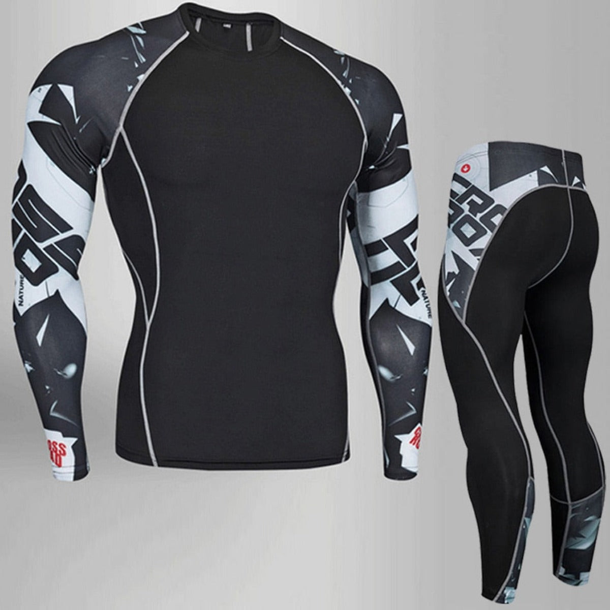 A black and gray Men's Compression Thermal Underwear set, featuring premium materials and graphic designs. This long-sleeve top and pants combo offers front and back views, ideal for enthusiasts who prioritize quality.