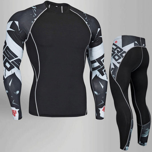 A black and gray Men's Compression Thermal Underwear set, featuring premium materials and graphic designs. This long-sleeve top and pants combo offers front and back views, ideal for enthusiasts who prioritize quality.