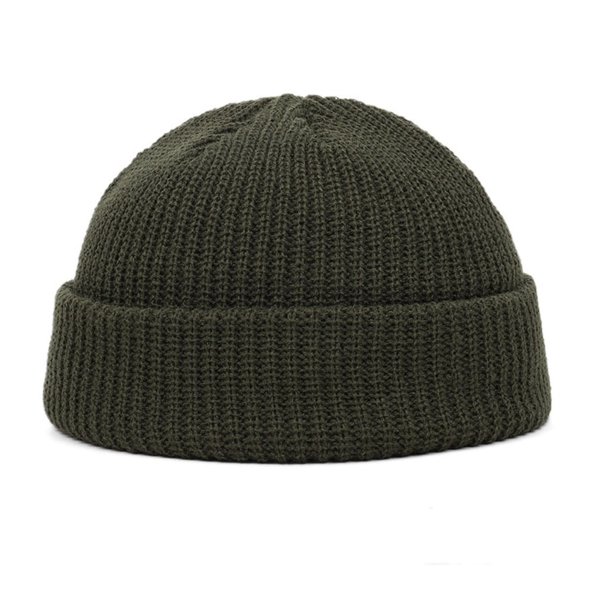 A green, Wool Knitted Skull Cap Beanie perfect for winter fashion.