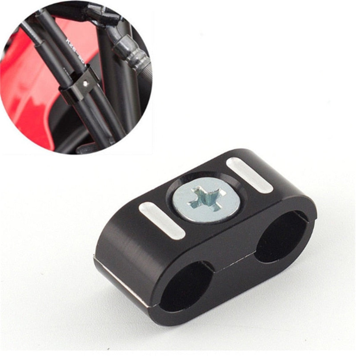 A Universal Motorcycle Brake Throttle Cable Clip Clamp Holder with a screw in the center, designed for organizing cables. Inset image shows the clamp attached to a motorcycle's frame tube, making it an ideal motorcycle accessory.