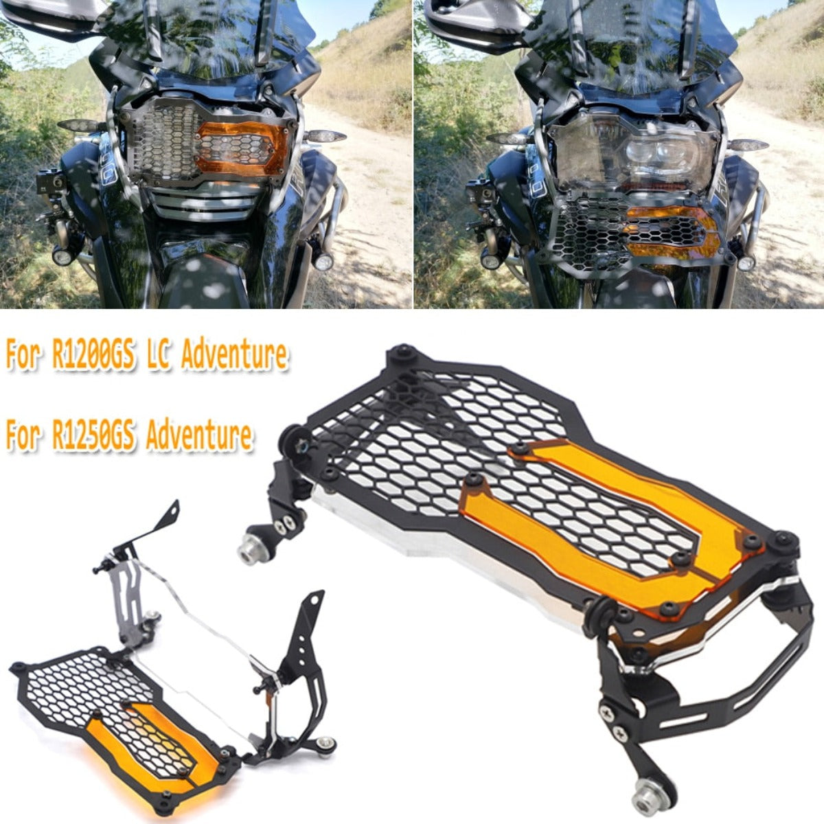A picture of a Motorcycle Headlight Protector Grille Guard for BMW, Black/Blue with a headlight protector.